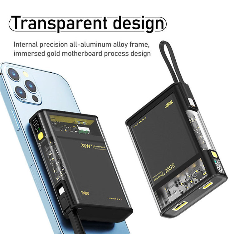 35W PD 22.5W 20W QC3.0 Fast Charging Transparent 10000mAh New Design Power Bank With Output 27W With Cable Portable Power Pack