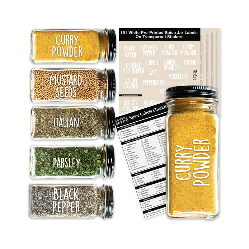 Spice Jar Labels Preprinted Minimalist Stickers Fit Round or Rectangle Spice Jars - Herb Seasoning Kitchen Pantry Labels