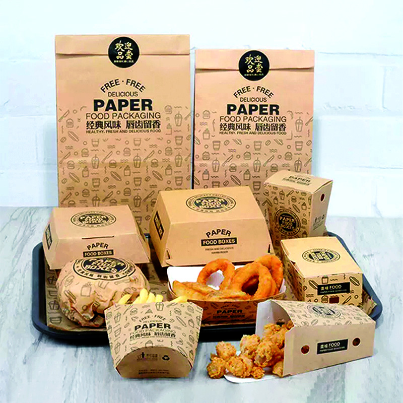 Custom Printed Paper Boxes for  Snacks Set Includes Hamburger Burger Fast Food French Fries Fried Chicken Wing Packaging