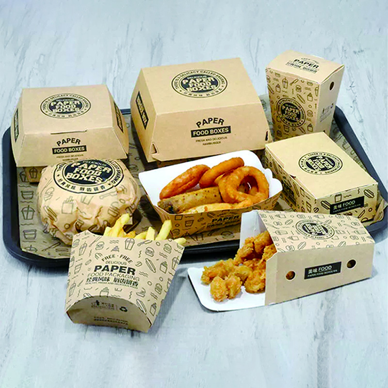 Custom Printed Paper Boxes for  Snacks Set Includes Hamburger Burger Fast Food French Fries Fried Chicken Wing Packaging