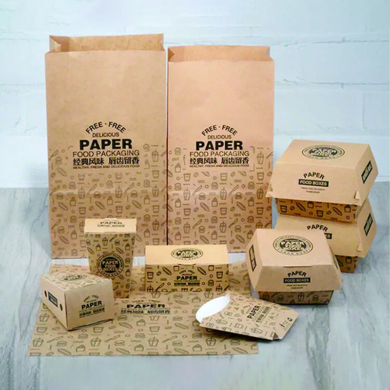 Custom Printed Paper Boxes for  Snacks Set Includes Hamburger Burger Fast Food French Fries Fried Chicken Wing Packaging