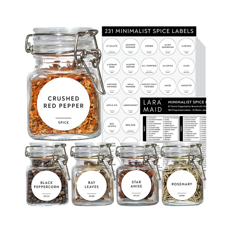 Spice Jar Labels Preprinted Minimalist Stickers Fit Round or Rectangle Spice Jars - Herb Seasoning Kitchen Pantry Labels