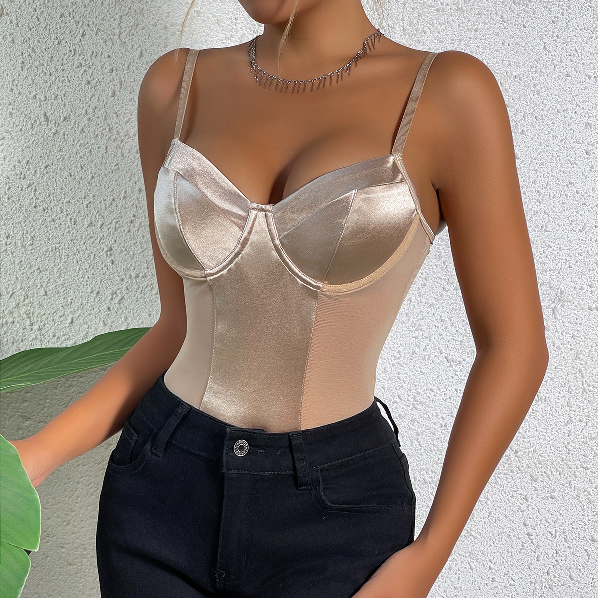 Hot-selling stylish skin color high-end splicing male bodysuit slim-fit womens bodysuits