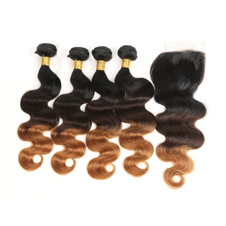 Hot selling 3 tone Ombre human hair T1b 4 30 Virgin Brazilian body wave human hair weave bundles with closure