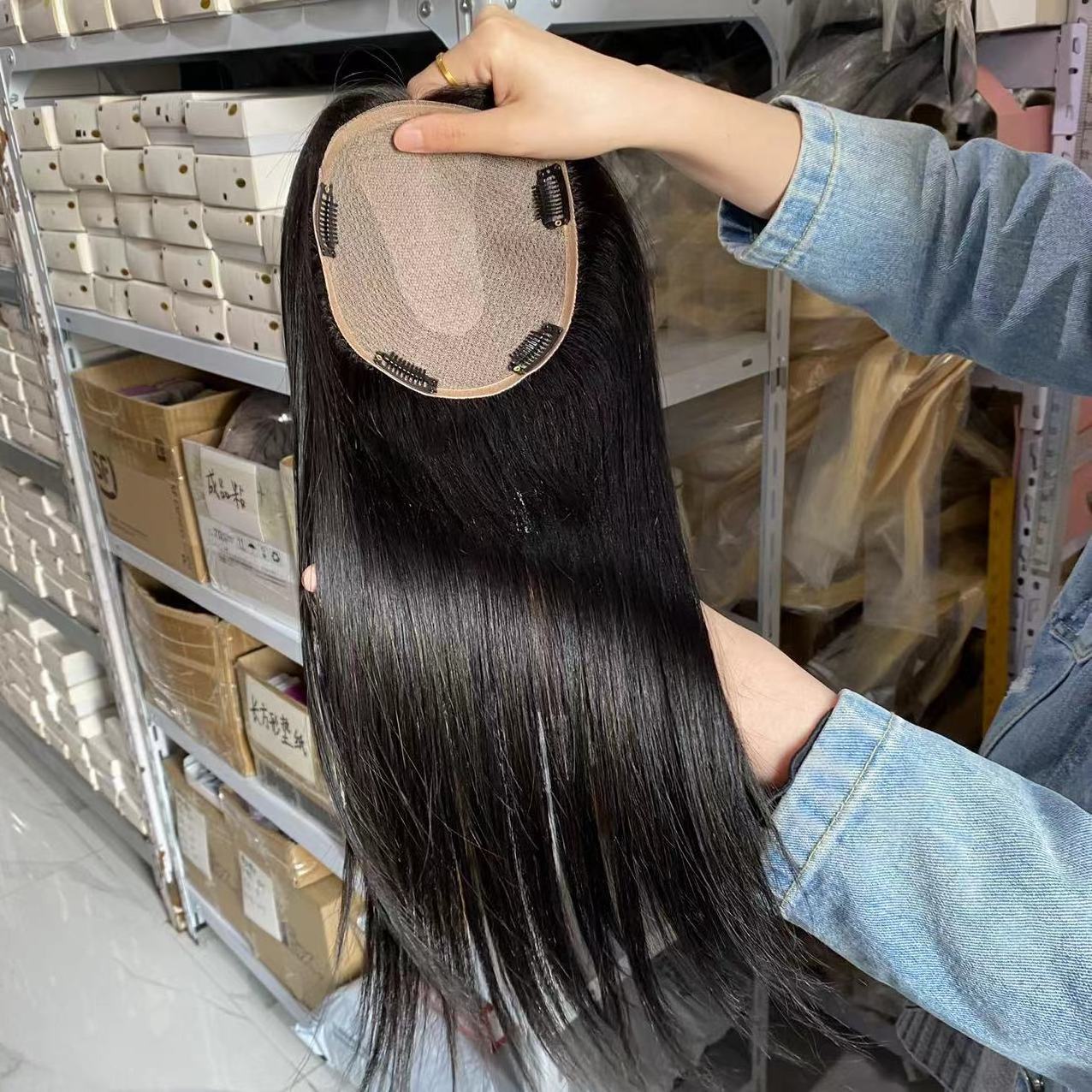 Big factory wholesale straight Human Hair Toupee for Women silk base human hair topper lace closure with clips