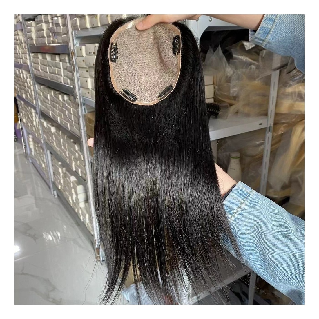 Big factory wholesale straight Human Hair Toupee for Women silk base human hair topper lace closure with clips