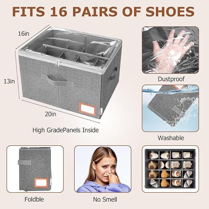 Wholesale Foldable Shoe Bin with Handle Adjustable 16Pairs Shoe Organizer with Clear Cover for Closet