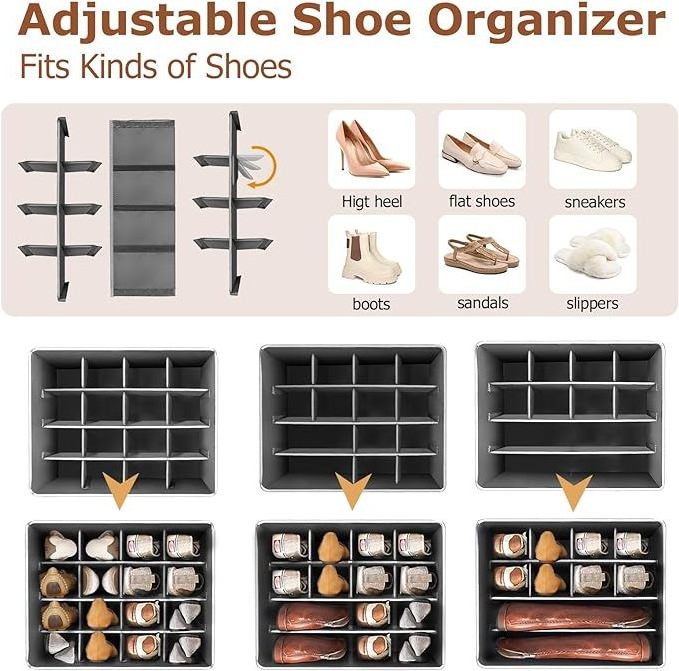 Wholesale Foldable Shoe Bin with Handle Adjustable 16Pairs Shoe Organizer with Clear Cover for Closet