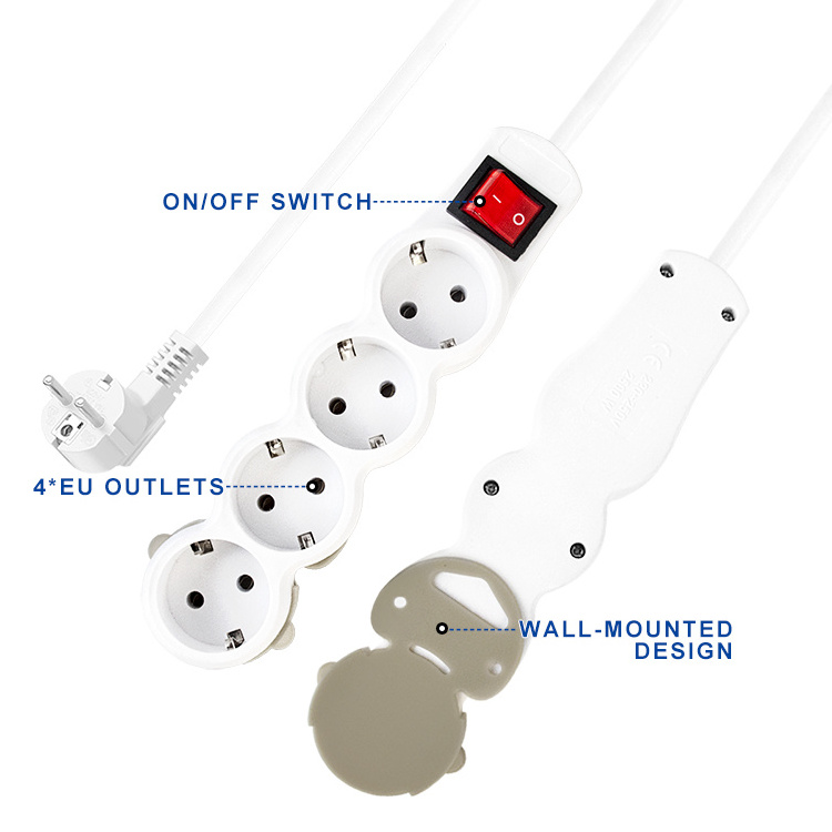 New Simple Style European Standard Power Strip 2 Pin 4 Way Output With Switch Hooked Design 1.5m Extension Board Socket