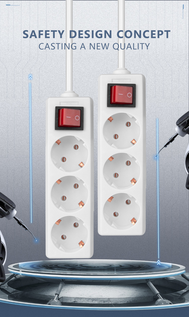 European Standard power strip eu plug 2 pin 3way Output with switch 1.5m wholesale extension board socket