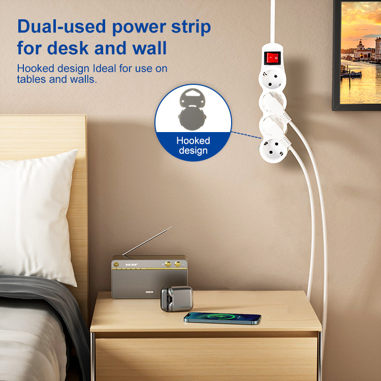 New Simple Style European Standard Power Strip 2 Pin 4 Way Output With Switch Hooked Design 1.5m Extension Board Socket