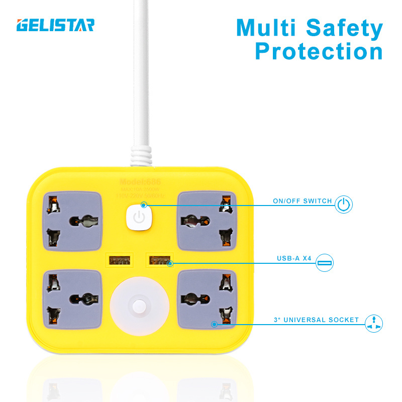 Power Strip 4 Way 2 USB Power Socket with night light Extension Plug Socket