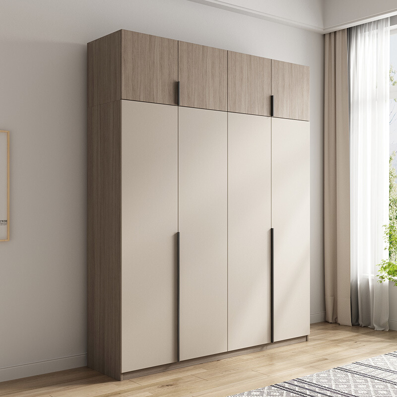 Modern and simple four-door solid wood wardrobe with top cabinet bedroom wardrobe closet size combination