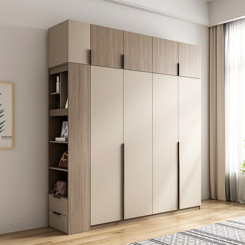 Modern and simple four-door solid wood wardrobe with top cabinet bedroom wardrobe closet size combination