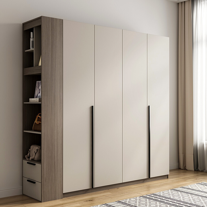 Modern and simple four-door solid wood wardrobe with top cabinet bedroom wardrobe closet size combination