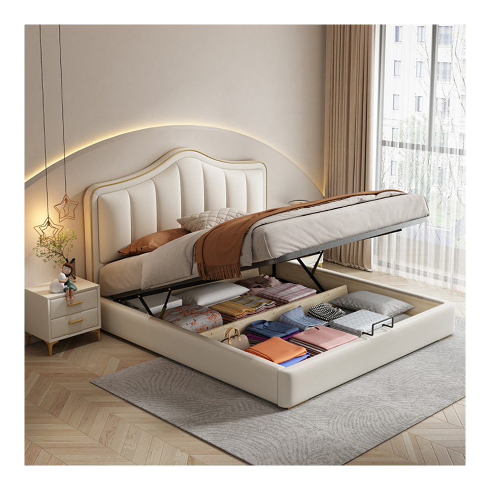 Italian minimalist master bedroom cream style leather bed 1.8m double bed light luxury solid wood storage wedding bed