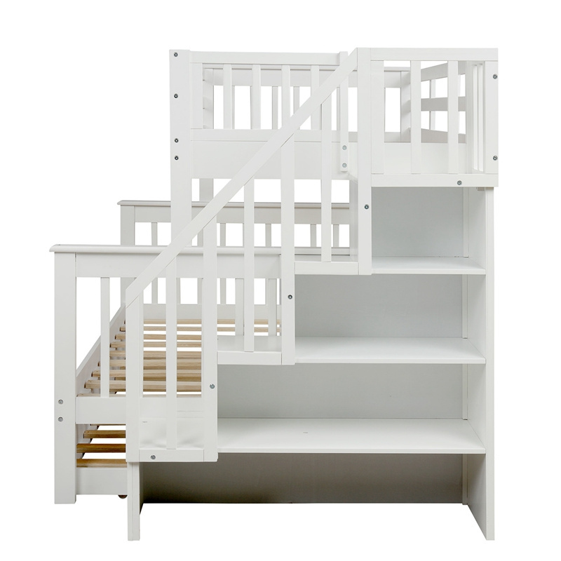 Bed For BedroomStairway Twin-Over-Full Bunk Bed With Twin Size Trundle With Storage And Guard Rail Bunk