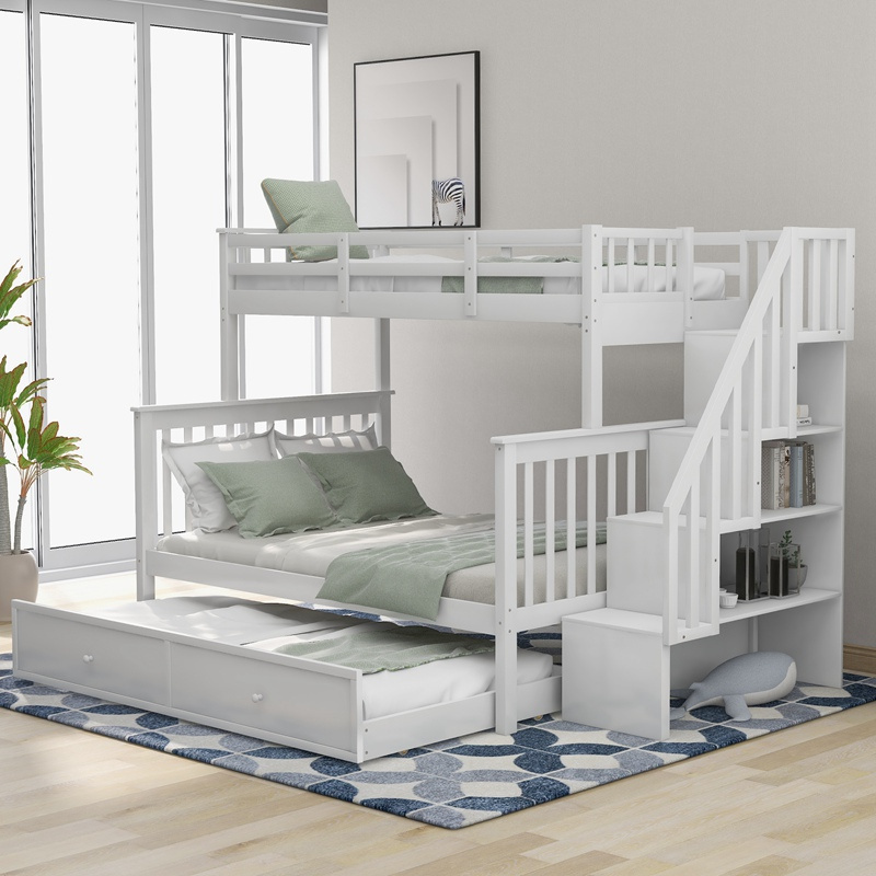 Bed For BedroomStairway Twin-Over-Full Bunk Bed With Twin Size Trundle With Storage And Guard Rail Bunk