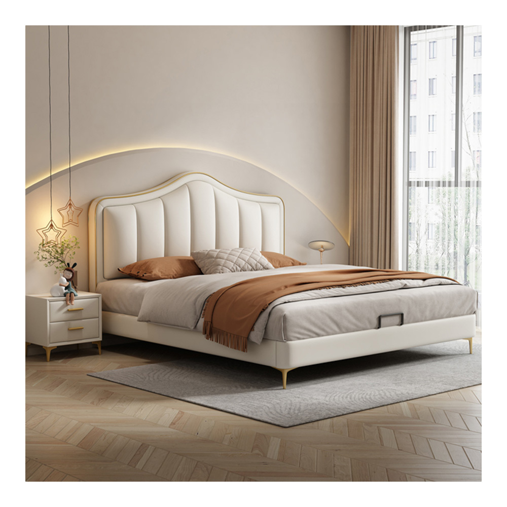 Italian minimalist master bedroom cream style leather bed 1.8m double bed light luxury solid wood storage wedding bed