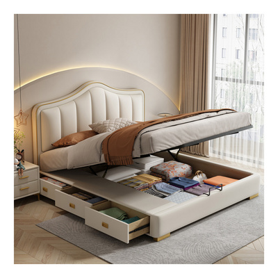 Italian minimalist master bedroom cream style leather bed 1.8m double bed light luxury solid wood storage wedding bed