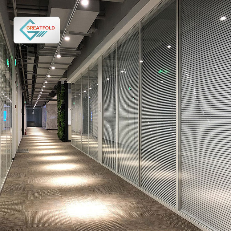 Glazed Modular Office Double Glass Walls Aluminum Frame Tempered Full Height Interior Office Glass Wall Partition With Blind