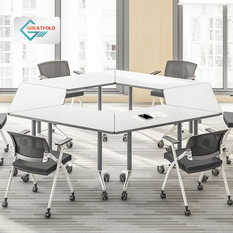 Trapezoid Office Furniture Folding Metal Legs Meeting Table Boardroom Tables Conference Table Flip Top Modern Foldable Wood