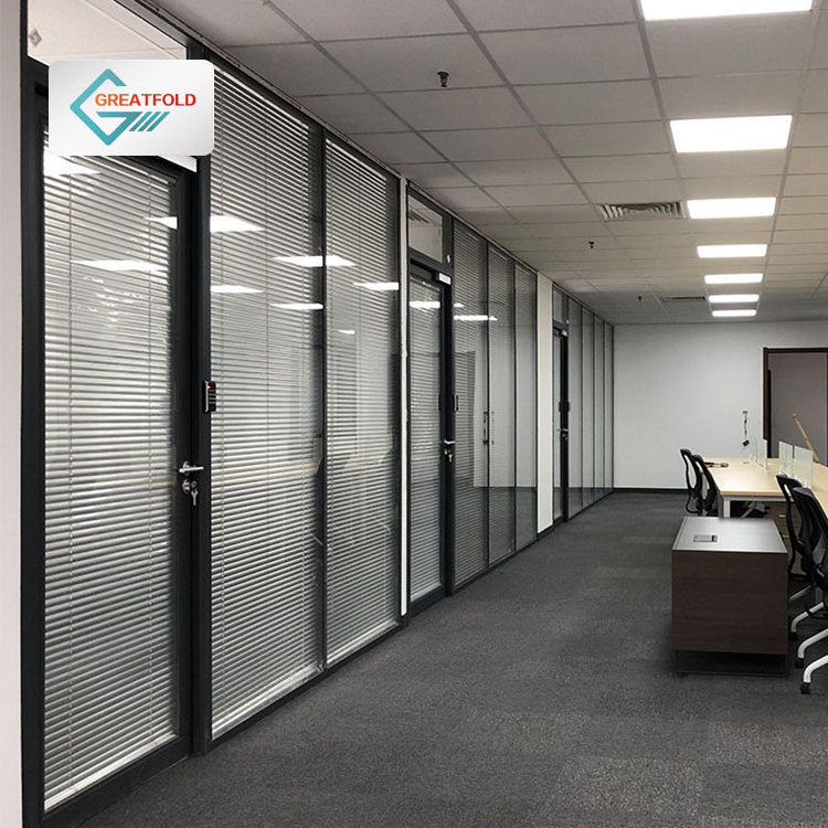 Glazed Modular Office Double Glass Walls Aluminum Frame Tempered Full Height Interior Office Glass Wall Partition With Blind