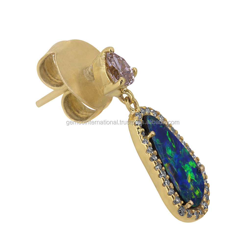 High Quality Real Diamond Gemstone Fine Jewelry Solid 18k Yellow Gold Blue Fire Opal Earrings Wholesale Supplier