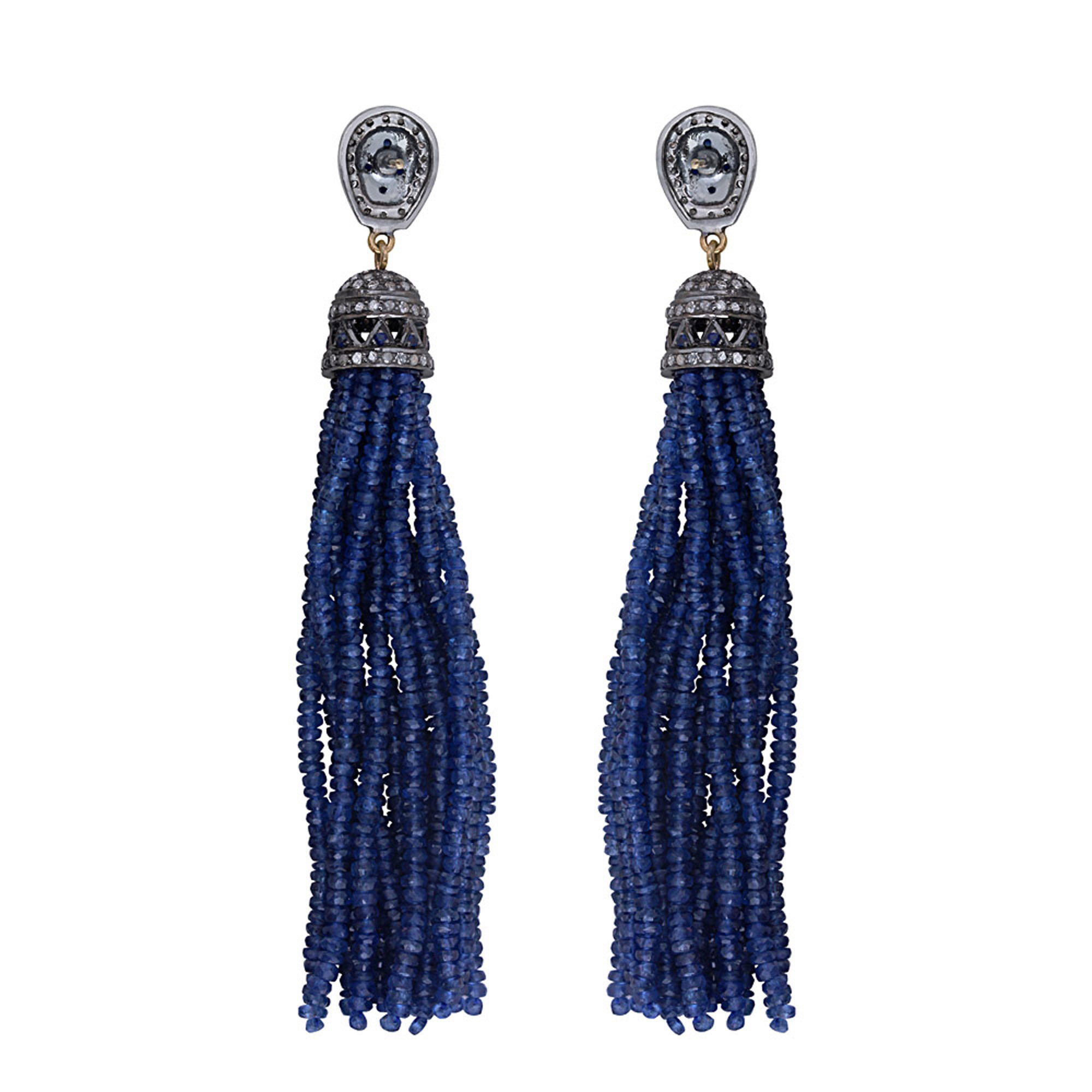 Genuine Pave Diamond Pearl and Black Spinel Beads Gemstone 14k Gold Tassel Earrings 925 Sterling Silver Fine Jewelry Wholesaler