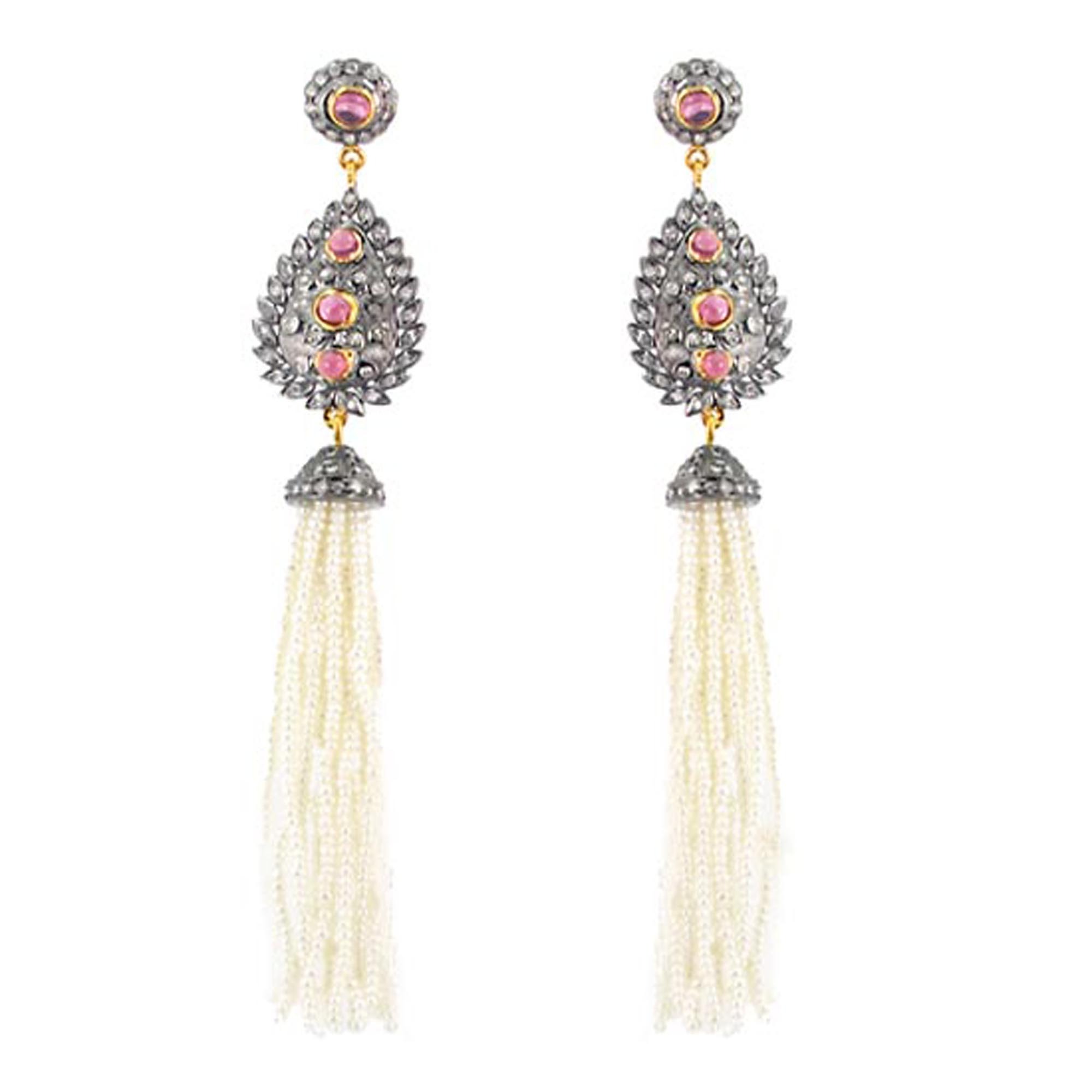 Genuine Pave Diamond Pearl and Black Spinel Beads Gemstone 14k Gold Tassel Earrings 925 Sterling Silver Fine Jewelry Wholesaler