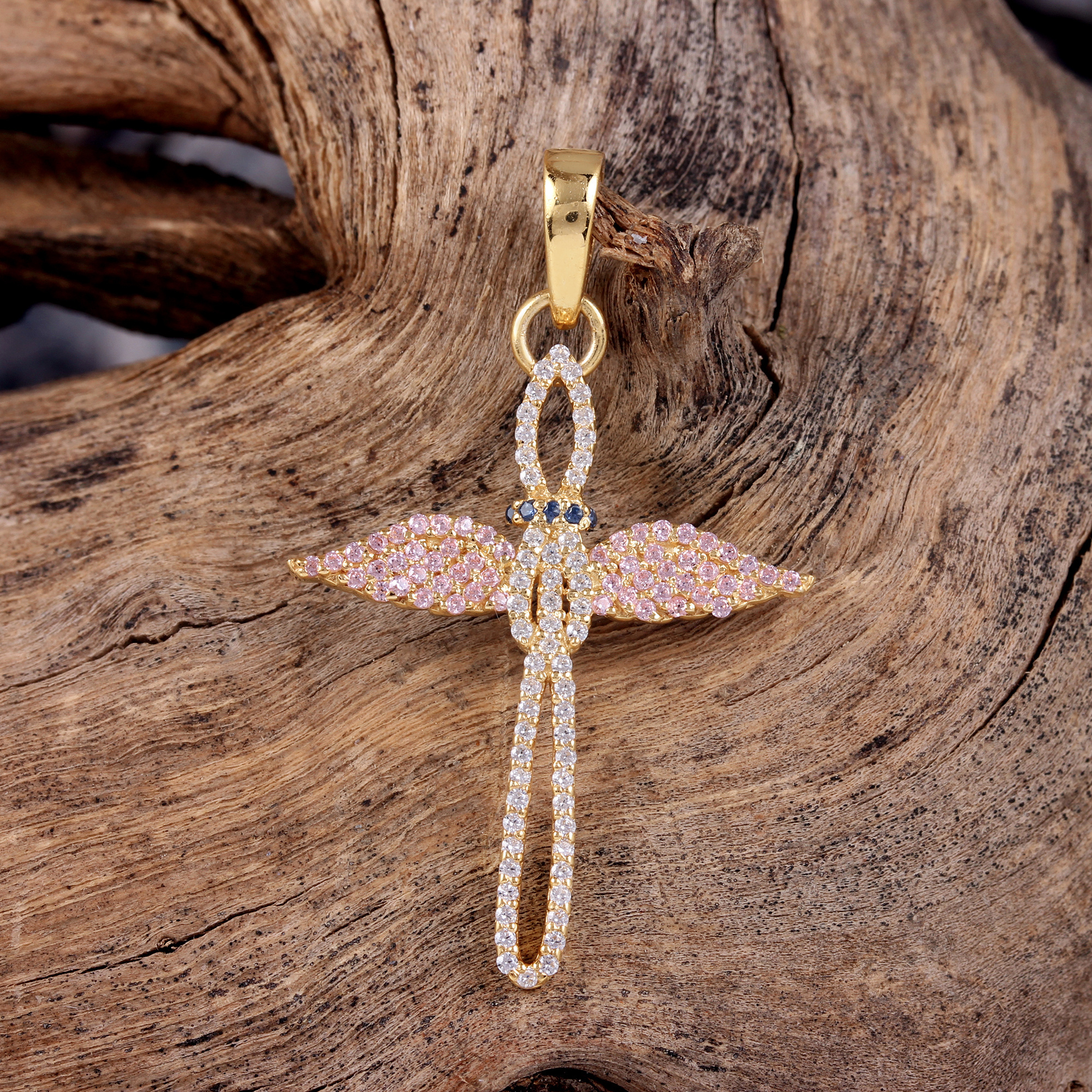 Real 14k Solid Yellow White Gold Genuine Pave Diamond Pink & Blue Sapphire Angel Design Cross Pendant Fine Jewelry Manufacturer