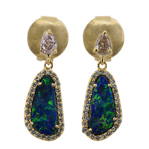 High Quality Real Diamond Gemstone Fine Jewelry Solid 18k Yellow Gold Blue Fire Opal Earrings Wholesale Supplier