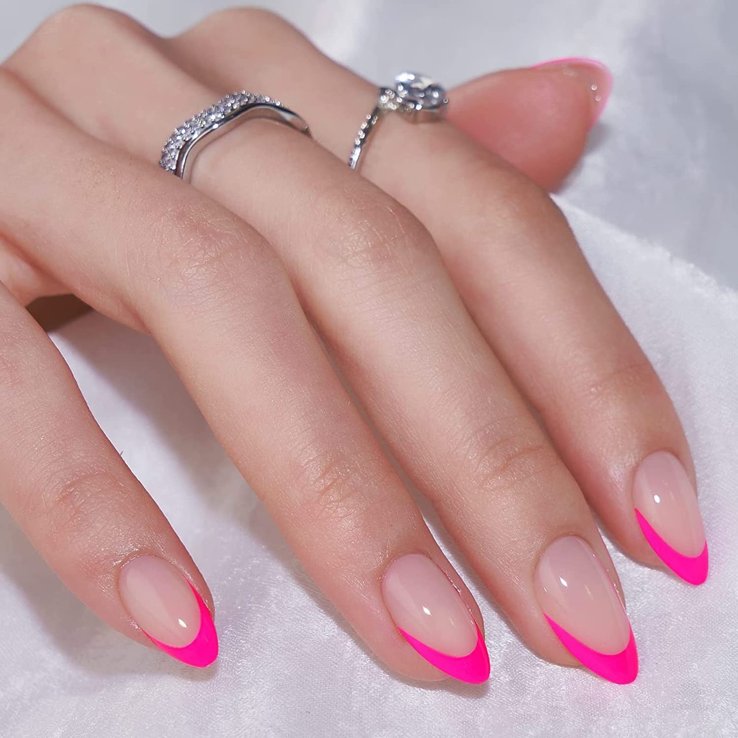 French Tip Press On Nails Almond Hot Pink Press On Nails Short Stick On Nails for Women