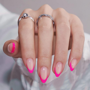 French Tip Press On Nails Almond Hot Pink Press On Nails Short Stick On Nails for Women