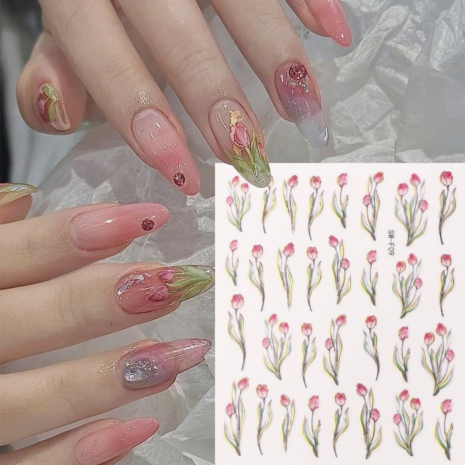 Spring Tulip Manicure Sticker Pink Oil Painting Style Tulip Flower Adhesive Waterproof Nail Sticker