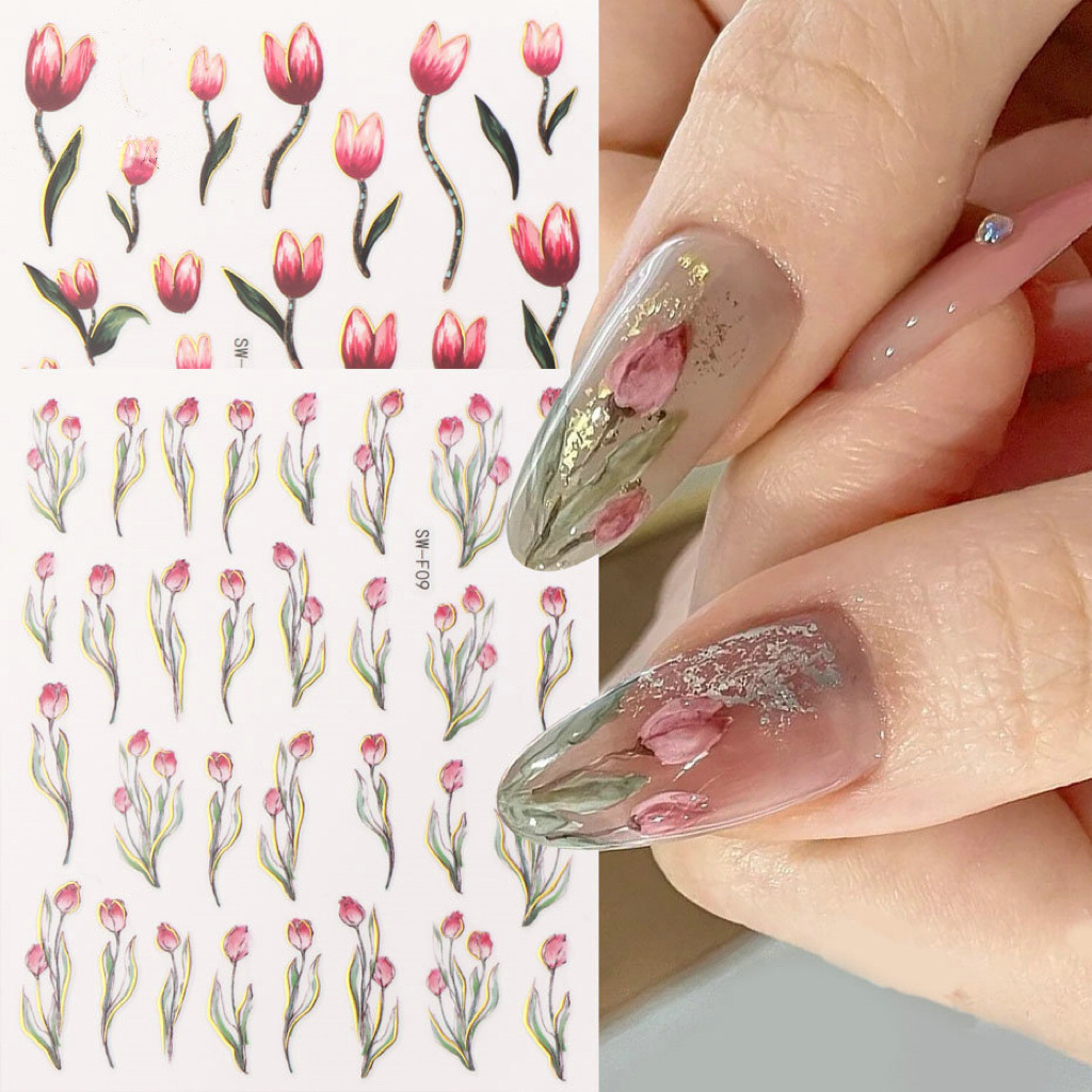 Spring Tulip Manicure Sticker Pink Oil Painting Style Tulip Flower Adhesive Waterproof Nail Sticker