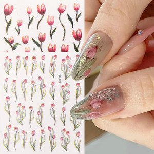 Spring Tulip Manicure Sticker Pink Oil Painting Style Tulip Flower Adhesive Waterproof Nail Sticker