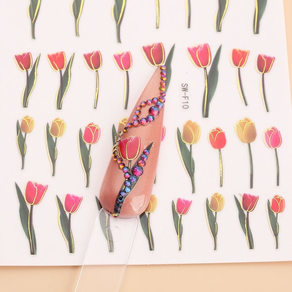 Spring Tulip Manicure Sticker Pink Oil Painting Style Tulip Flower Adhesive Waterproof Nail Sticker