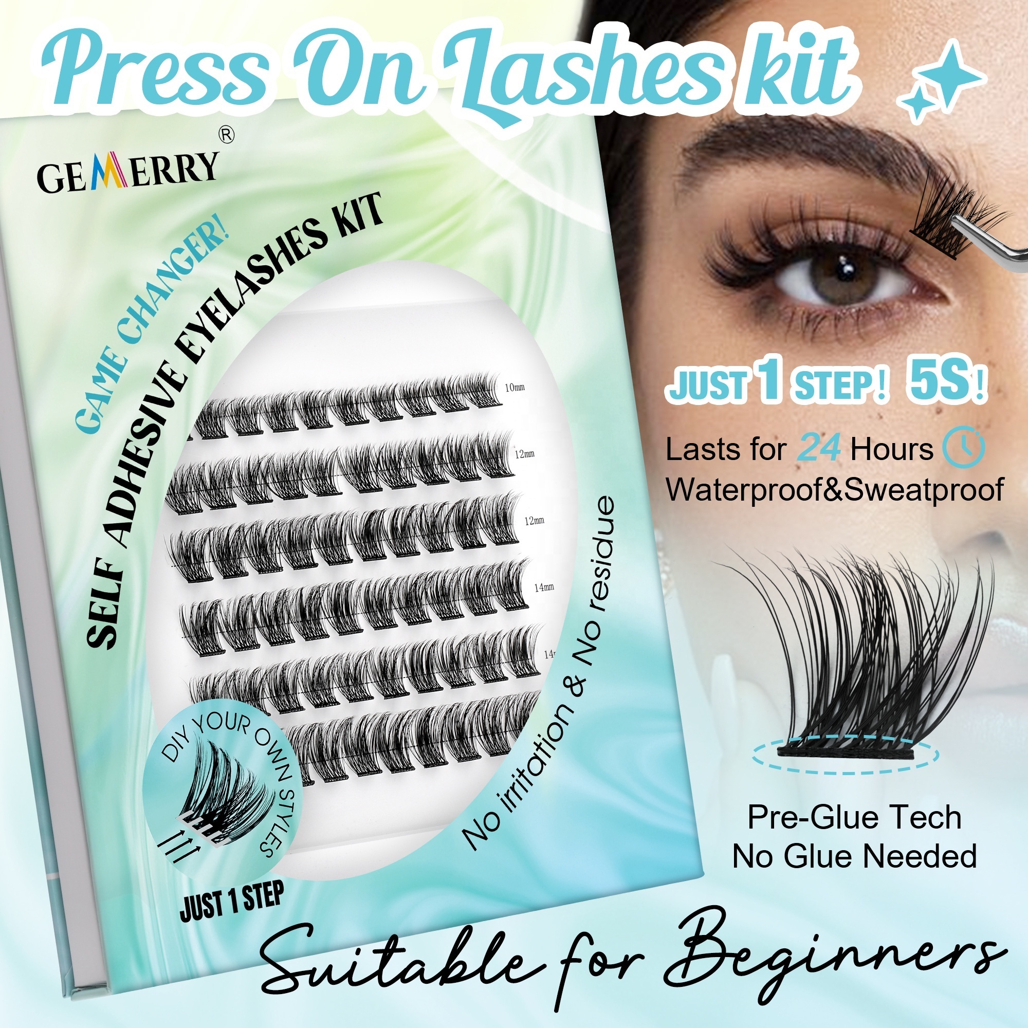 Self Adhesive Eyelash No Glue Needed DIY Cluster Lash Extension Kit Wispy Pre Glued DIY Lash Fluffy Pre-Adhesive Segmented Lash