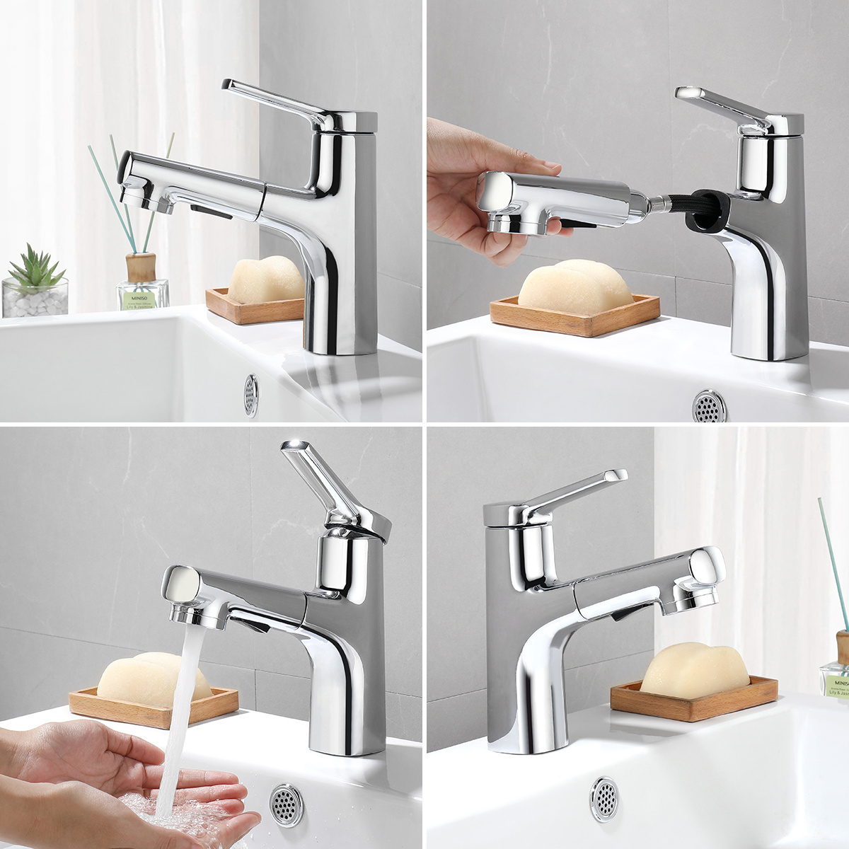 Customizable brass pull out basin faucet of kitchen