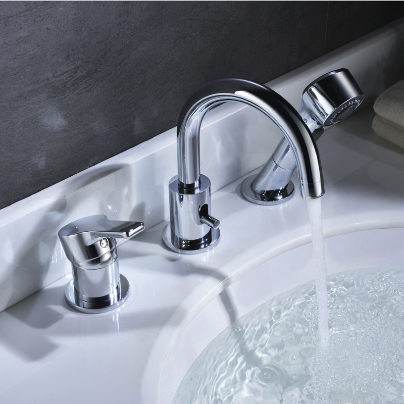 Deck Mounted dual handle pull out bathroom basin faucet, 3 hole bathtub faucet with shower