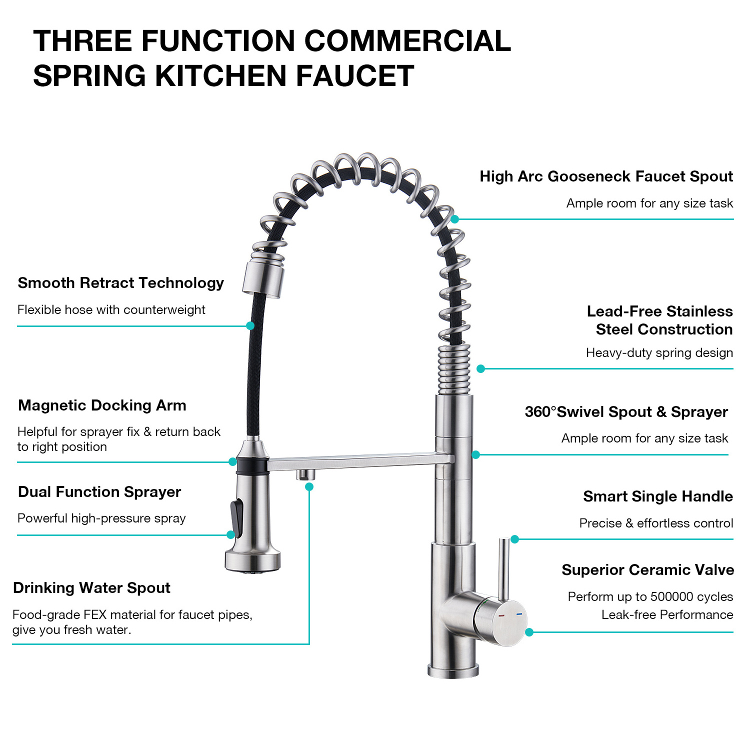 304 stainless steel drinking water 3 way kitchen faucet with pull down spray head