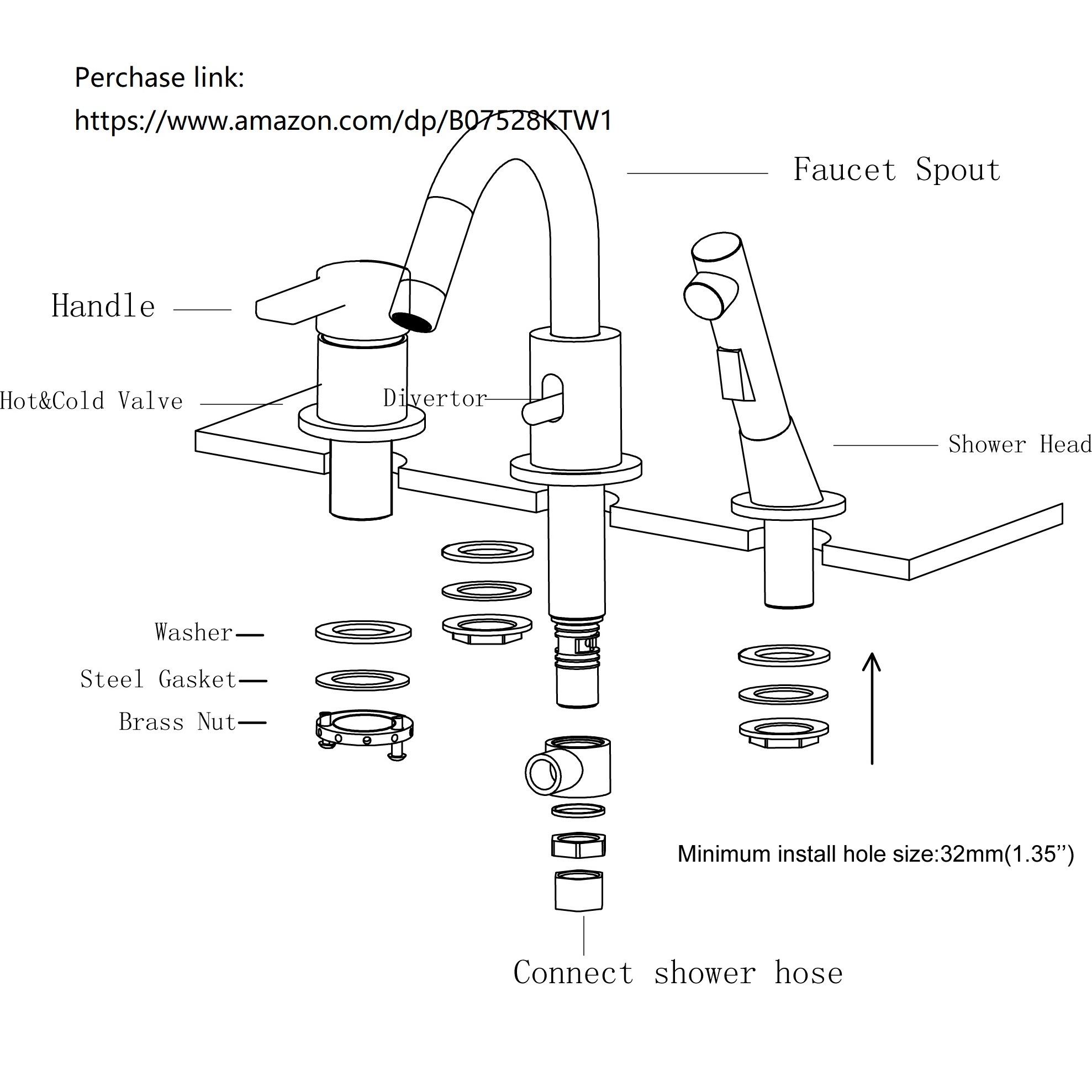 3 hole  bathtub faucet deck mounted tub tap bath faucet with hand shower.