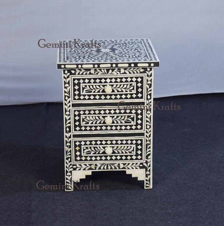 Bone Inlay Three Drawer Side Table, Nightstand, Bedside table