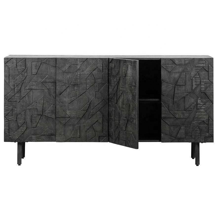 Premium Quality Black Catchy Design Solid Wooden KD Metal Base Storage Shelves Carved Stylish Door Living Room Cabinet Sideboard