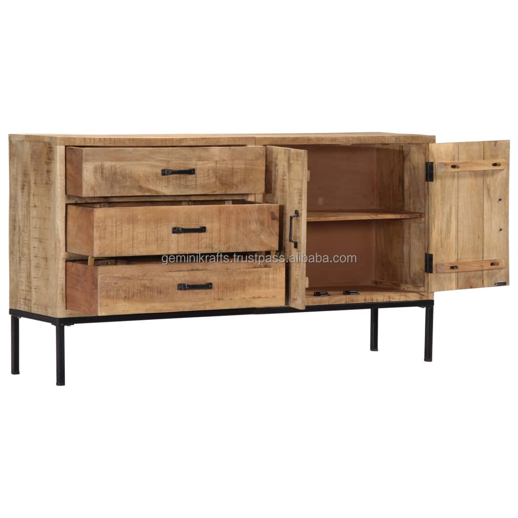 Solid Mango Wood 1 Door 3 Storage Drawers Stylish Natural Finish Cabinet For Home, Kitchen Living Room Sideboard Cabinet