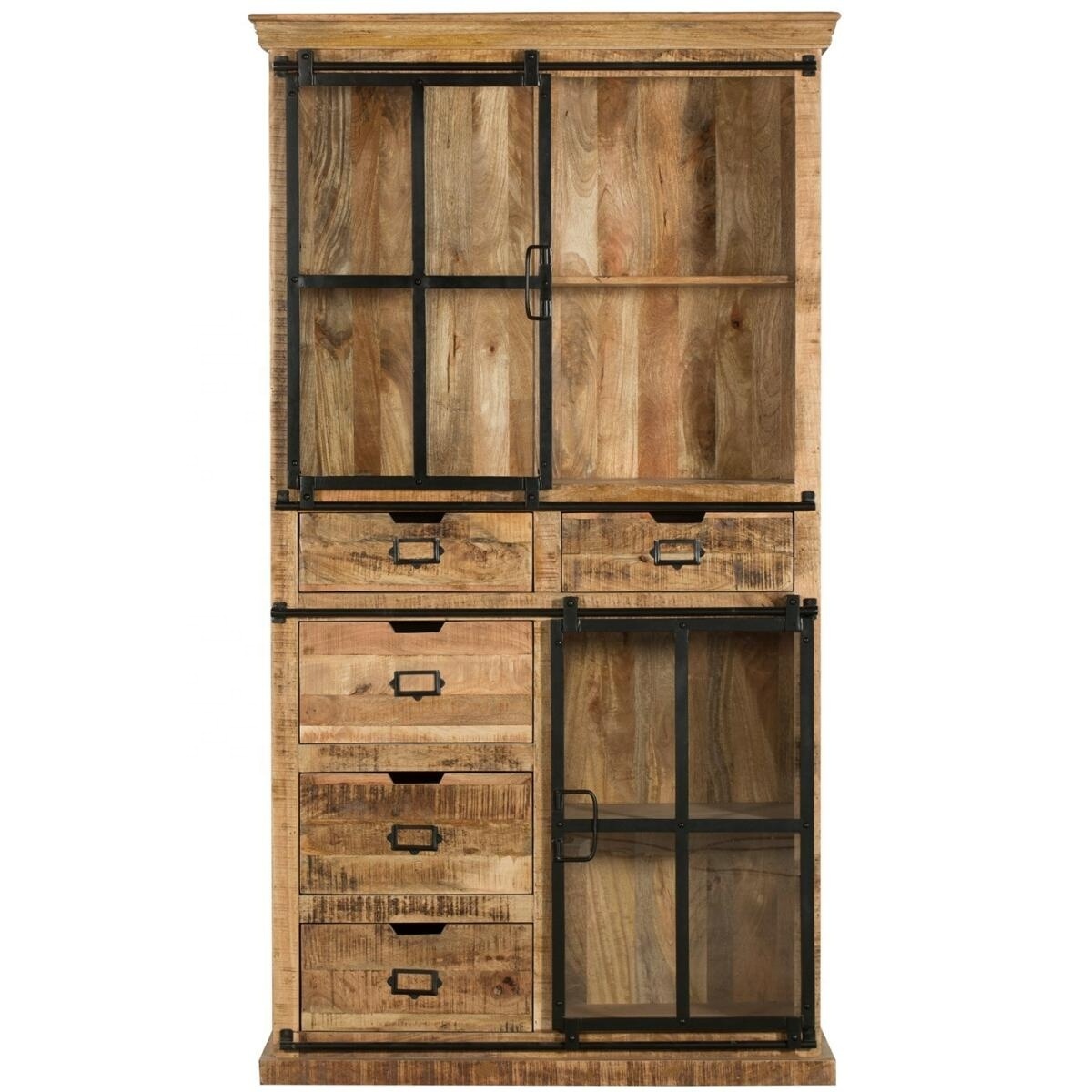 Iron & Solid Mango Wooden Rough And Black Finish 5 Storage Drawers With Metal Frame Glass Sliding Door Wall Display Case Cabinet