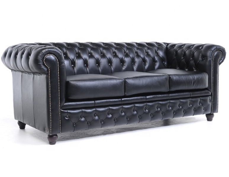 Midcentury Styled Tufted Button Fitted Black Genuine Leather Living Room Three Seater Chesterfield Sofa Furniture For Home & Bar