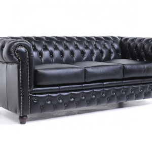 Midcentury Styled Tufted Button Fitted Black Genuine Leather Living Room Three Seater Chesterfield Sofa Furniture For Home & Bar