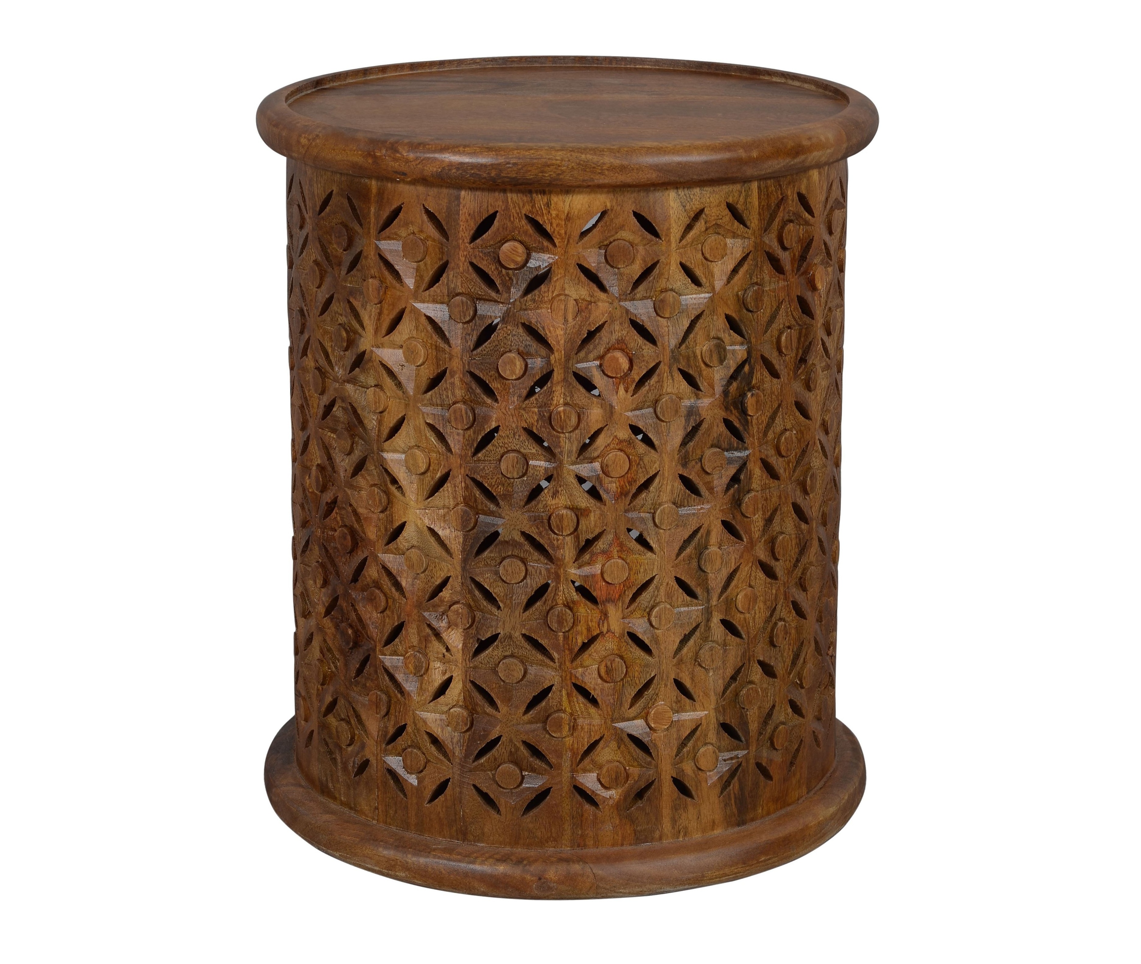 Indian Hand Carved Diamond Pattern Solid Mango Wood Round Shape Tea Side Table Living Room Home Use Luxury Indoor Coffee Table